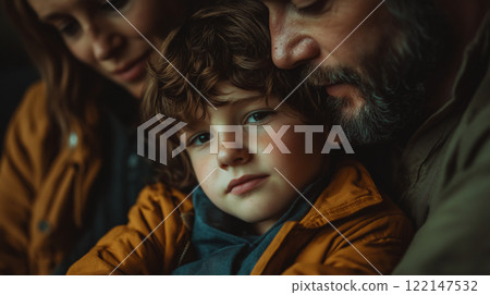 Family enjoying a quiet moment together with their autistic child indoors during a cozy afternoon 122147532