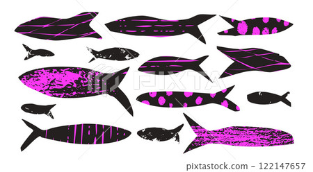 Fish textured set. Sardines school collection. Salmon silhouettes. Undersea animals. Vector hand drawn cutout collage elements illustration isolated on white background Fish textured set. Sardines school collection. Salmon silhouettes. Undersea animals. Vector hand drawn cutout collage elements illustration isolated on white background 122147657