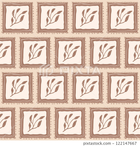 Leaves seamless pattern. floral stencil on vintage frames allover background. Blocks pencil drawn repeat cover. Surface pattern design spring motif. Vector hand drawn monochrome illustration Leaves seamless pattern. floral stencil on vintage frames allover background. Blocks pencil drawn repeat cover. Surface pattern design spring motif. Vector hand drawn monochrome illustration 122147667