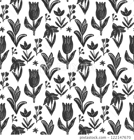 Flowers crayon seamless pattern. Black and white floral stencil allover background. Pencil drawn repeat cover. Surface pattern design spring motif. Vector hand drawn monochrome illustration 122147670
