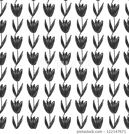 Tulip flower seamless pattern. Black and white floral stencil allover background. crayon drawn repeat cover. Wildflower marker continuous ornament. Vector hand drawn monochrome illustration Tulip flower seamless pattern. Black and white floral stencil allover background. crayon drawn repeat cover. Wildflower marker continuous ornament. Vector hand drawn monochrome illustration 122147671
