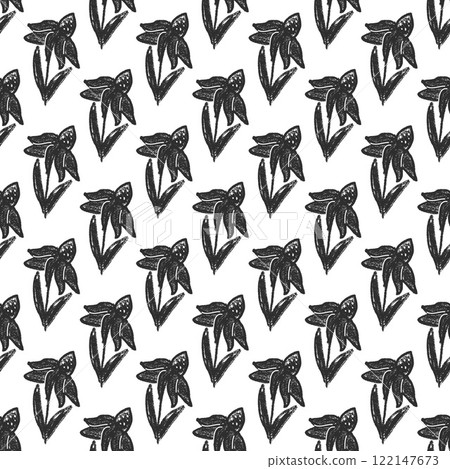 Flowers seamless pattern. Black and white coneflower stencil allover background. Crayon drawn echinacea repeat cover. Daisy continuous ornament. Vector hand drawn monochrome illustration Flowers seamless pattern. Black and white coneflower stencil allover background. Crayon drawn echinacea repeat cover. Daisy continuous ornament. Vector hand drawn monochrome illustration 122147673