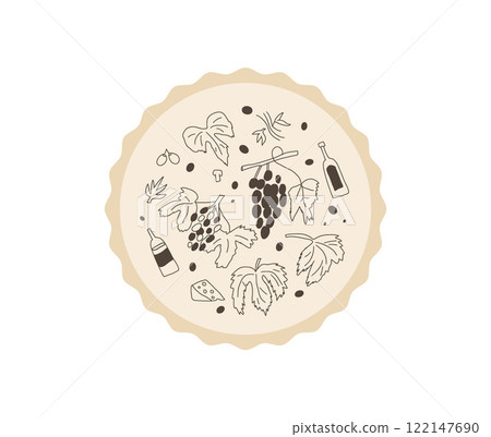 Winery emblem. Wine bottle, grapes on round stamp. Tasting event circular perforated edges label. Visit a vineyard. Vector hand drawn doodle illustration 122147690