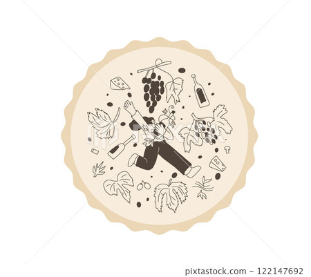 Wine club emblem. Woman with wine bottle on round stamp. Tasting event circular perforated edges label. Party with alcohol drinks. Person visit a winery. Vector hand drawn doodle illustration 122147692
