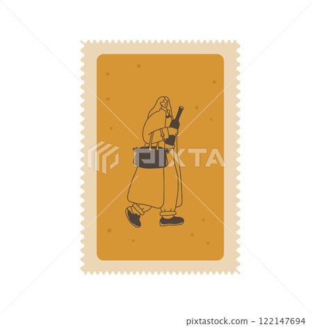 Wine lover on postal stamp. Customer buys beverage square zigzag edges emblem. Party with alcohol drinks. Woman with bottle. Vector hand drawn doodle illustration 122147694