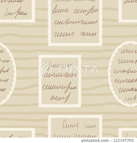 Scribble handwritten script text on post stamps seamless pattern. Unreadable letter endless background. Oval and rectangle frame Illegible note repeat cover. Vector vintage diary poetry. 122147703