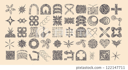 Geometric grain textured shapes set. Brutalist retro figures. Noise y2k forms. Graphic distortion stickers. Vector refraction elements collection. Stipple effect basic and irregular design objects Geometric grain textured shapes set. Brutalist retro figures. Noise y2k forms. Graphic distortion stickers. Vector refraction elements collection. Stipple effect basic and irregular design objects 122147711