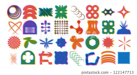 Geometric risograph offset shapes set. Brutalism style figures pack. Retro y2k forms. Graphic distortion stickers. Primitive grainy icons. Vector flat refraction abstract circle and square elements. 122147713