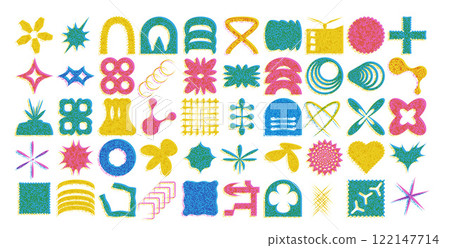 Geometric risograph shapes set. Brutalism postmodern figures pack. Retro y2k forms. Simple graphic distortion stickers. Vector flat refraction elements collection illustration 122147714