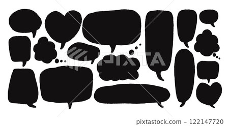 Speech bubbles set. Doodle text frame. Chat dialog boxes. Comic talk clouds isolated on white background. Childish style quotation balloon Vector hand drawn illustration 122147720