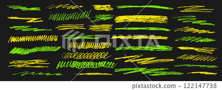 Crayon underline set. Pencil straight scribble lines pack. Vector hand drawn neon colors brush stroke collection illustration isolated on dark background. Kids highlights handwritten shape elements 122147738