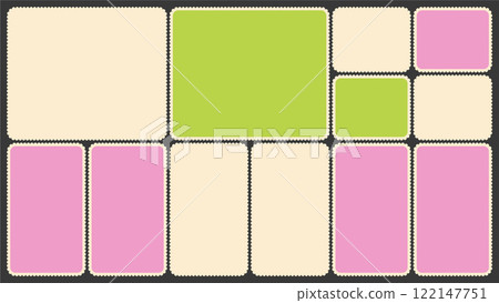 Scallop edged frame template. Bento collage grid shapes. Geometry modular moodboard borders with perforation. Label textboxes Lace frill pack. Trendy blocks blank layout. Vector flat illustration. Scallop edged frame template. Bento collage grid shapes. Geometry modular moodboard borders with perforation. Label textboxes Lace frill pack. Trendy blocks blank layout. Vector flat illustration. 122147751