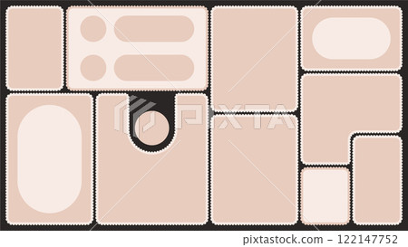 Scallop edged frame template. Bento collage grid shapes. Geometry modular moodboard borders with perforation. Label textboxes Lace frill pack. Trendy blocks blank layout. Vector flat illustration. 122147752
