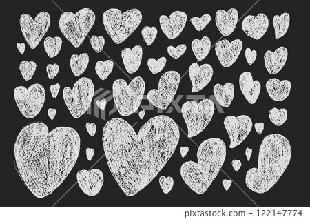 Hearts chalk set. Crayon romantic elements. Love signs grunge icons on blackboard. Textured vector charity or kind symbols shapes drawn by wax marker illustration isolated on black background. Hearts chalk set. Crayon romantic elements. Love signs grunge icons on blackboard. Textured vector charity or kind symbols shapes drawn by wax marker illustration isolated on black background. 122147774