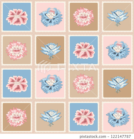 Chintz floral seamless pattern. Modern flower in rectangle frames endless background. Farmhouse continuous ornament with wildflower motif. Vector hand drawn illustration. Chintz floral seamless pattern. Modern flower in rectangle frames endless background. Farmhouse continuous ornament with wildflower motif. Vector hand drawn illustration. 122147787