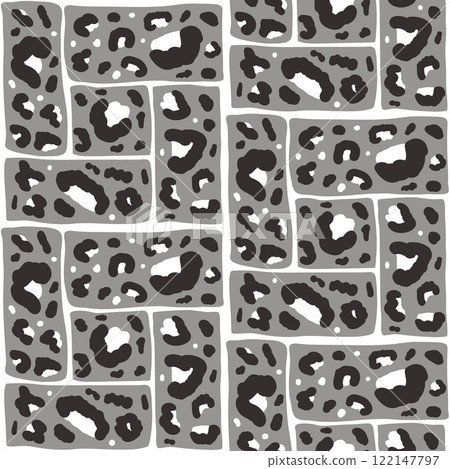 Leopard grey monochrome camouflage seamless pattern. Animal print black and white endless background. Cheetah or panther skin texture modular repeat bg. Bento grid ornament. Vector illustration 122147797