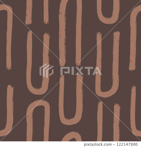 Abstract paint lines seamless pattern. Grunge stroke endless background. Ethnic brown brush ink repeat cover. Tribal continuous ornament. Pattern monochrome motif. Vector hand drawn illustration 122147800