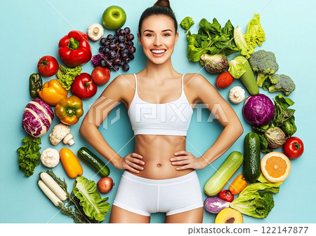 Woman holding fresh ripe fruits and vegetables as healthy diet weight loss concept.AI Generative. 122147877