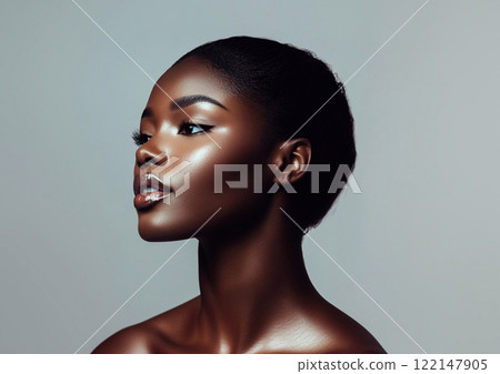 Beauty shot of afro american beautiful woman fashion model with soft skin.Macro.AI Generative. Beauty shot of afro american beautiful woman fashion model with soft skin.Macro.AI Generative. 122147905