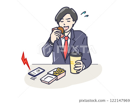 一個穿著西裝的忙碌男人匆忙吃快餐的插圖 122147969