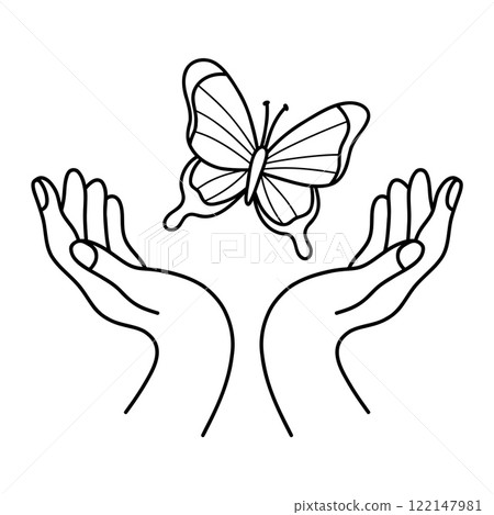 Outline Hands releasing Butterfly. Symbol freedom, transformation and connection with nature. Vector illustration. Line drawing . 122147981
