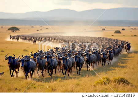 herd of african horses grazing on the road 122148019
