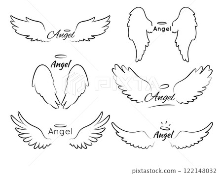 Angel wings with text. Sketch lettering, elegant calligraphic phrases, bird flight feather, simple girly tattoo contour, outline symmetry elements. Hand drawn line heraldic vector isolated set 122148032