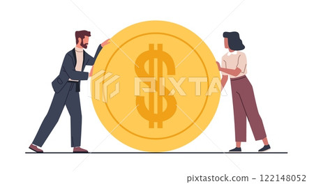 Businessmen and businesswomen pushing gold coin. Man and woman rolls huge money. Finance earning or savings, investment symbol, golden currency, cartoon flat isolated vector concept 122148052