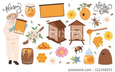 Cartoon apiary elements. Funny beekeeper with honeycombs, bees, beehives, and flowers, flying insects, healthy sweet syrup collecting, man producing organic sweet product, tidy vector set Cartoon apiary elements. Funny beekeeper with honeycombs, bees, beehives, and flowers, flying insects, healthy sweet syrup collecting, man producing organic sweet product, tidy vector set 122148055