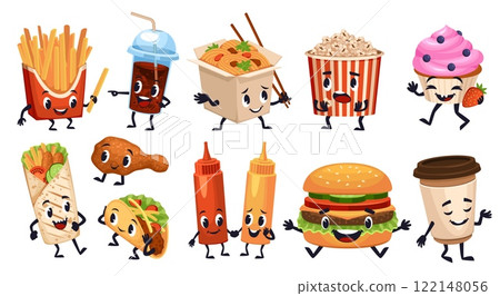 Cartoon fast food characters. Funny junk meal, cute French fries, muffin, hamburger with smiling faces, kebab hands and feet, cafe menu decorative, isolated emoji stickers, tidy vector set Cartoon fast food characters. Funny junk meal, cute French fries, muffin, hamburger with smiling faces, kebab hands and feet, cafe menu decorative, isolated emoji stickers, tidy vector set 122148056