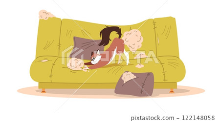 Cat scratched couch. Pet bed behavior. Domestic playfulness animal at home, nasty kitten destroying furniture. Living room with damaged dirty sofa. Cartoon flat isolated vector concept 122148058