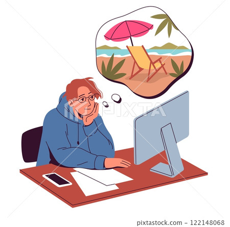 Employee in office dreaming of vacation. Man working in office on laptop, thinking about tropical resort. Tired character with thought bubble. Cartoon flat isolated vector travel concept Employee in office dreaming of vacation. Man working in office on laptop, thinking about tropical resort. Tired character with thought bubble. Cartoon flat isolated vector travel concept 122148068