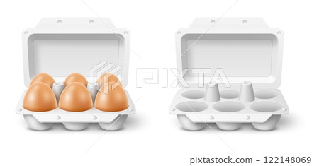 Empty and full egg tray. 3d isolated realistic food element and packaging, open cardboard box, container fresh diet product, traditional breakfast cooking ingredient, vector concept 122148069