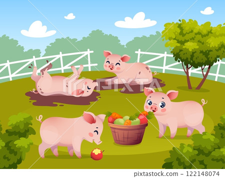 Funny little piglets. Pink pigs frolic in mud, cute farm animals playing in puddle, cartoon mascot childish characters in nature, summer meadow background, domestic mammals, vector concept Funny little piglets. Pink pigs frolic in mud, cute farm animals playing in puddle, cartoon mascot childish characters in nature, summer meadow background, domestic mammals, vector concept 122148074