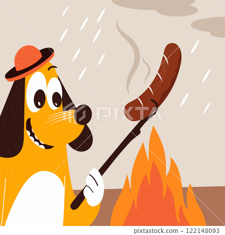 Dog cooking in barbecue on background of clouds and rain. Vector illustration 122148093