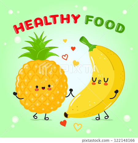 Cute Pineapple and Banana characters promoting healthy food on green background 122148166