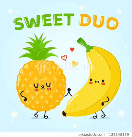 Cute pineapple and banana holding hands on blue background 122148169
