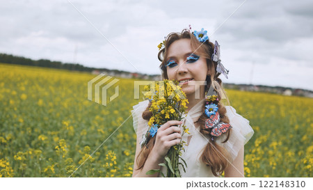 Fashion model posing gracefully in a vibrant canola field, showcasing creative makeup, an elegant hairstyle, and a stunning dress Fashion model posing gracefully in a vibrant canola field, showcasing creative makeup, an elegant hairstyle, and a stunning dress 122148310