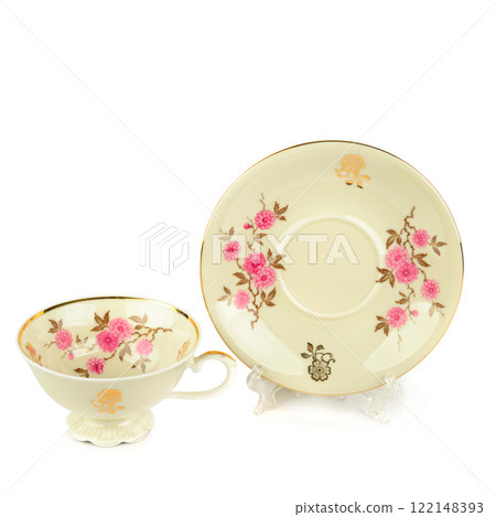 Vintage porcelain cup and saucer isolated on white. Free space for text. 122148393