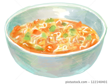 Watercolor illustration of a nostalgic school lunch ABC soup Watercolor illustration of a nostalgic school lunch ABC soup 122148401