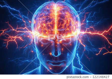 3d image of Electrical activity of the human brain. Human brain digital illustration. Electrical activity, flashes and lightning on a blue background 3d image of Electrical activity of the human brain. Human brain digital illustration. Electrical activity, flashes and lightning on a blue background 122148427