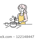 Minimalist duotone illustration of a happy cooking woman holding a pot with steam 122148447
