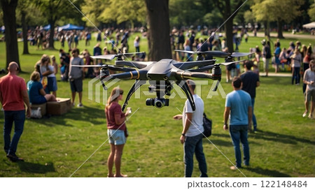 [16:9 version] Drone image: Drone filming an event in a park, 4 arms, black, yellow 122148484