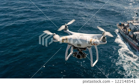 [16:9 version] Drone image: Drone for checking ship position at sea, 4 arms, white 122148541