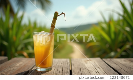 Enjoying refreshing Caribbean sugarcane juice on a rustic wooden table 122148671