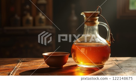 Cultural experience with traditional baijiu jar and clay cup at a local setting Cultural experience with traditional baijiu jar and clay cup at a local setting 122148675