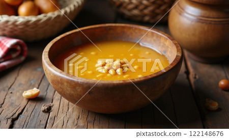 Traditional wooden bowl of chicha with corn kernels in South America 122148676