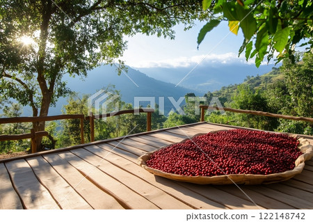 Coffee Drying Background. Freshly Picked Red Coffee Cherries Spread on Wooden Terrace with Scenic Mountain Landscape. Rural Plantation with Greenery Under Soft Sunlight. AI generated 122148742