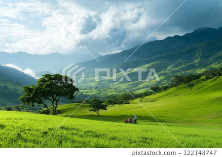 Coffee Harvesting Background. Worker Collecting Ripe Red Coffee Cherries in Lush Green Field Under Cloudy Sky. Rural Plantation with Rolling Hills and Scenic Landscape. AI generated Coffee Harvesting Background. Worker Collecting Ripe Red Coffee Cherries in Lush Green Field Under Cloudy Sky. Rural Plantation with Rolling Hills and Scenic Landscape. AI generated 122148747