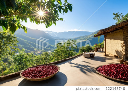 Scenic Coffee Plantation Background. Large Baskets of Red Coffee Cherries Drying on Open Terrace with Mountain View. Rural Farming Scene with Lush Greenery Under Bright Sunlight. AI generated 122148748